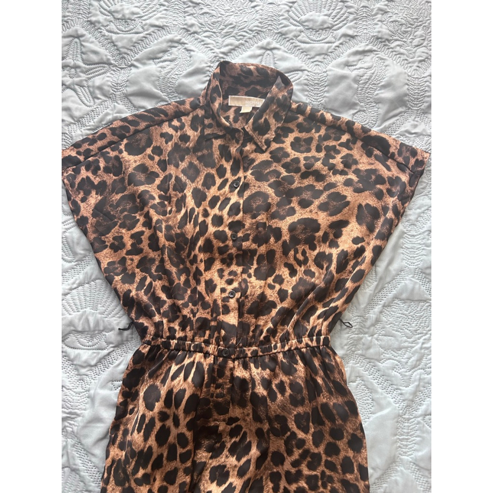 Michael Kors Leopard Print Wide Leg Jumpsuit XS Collared Button Front - Picture 8 of 13